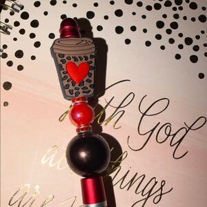 Coffee Cup Beaded Stylus Pen with Heart On Cup Design